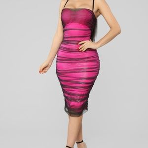 Hot Pink Metallic Mesh Midi Dress